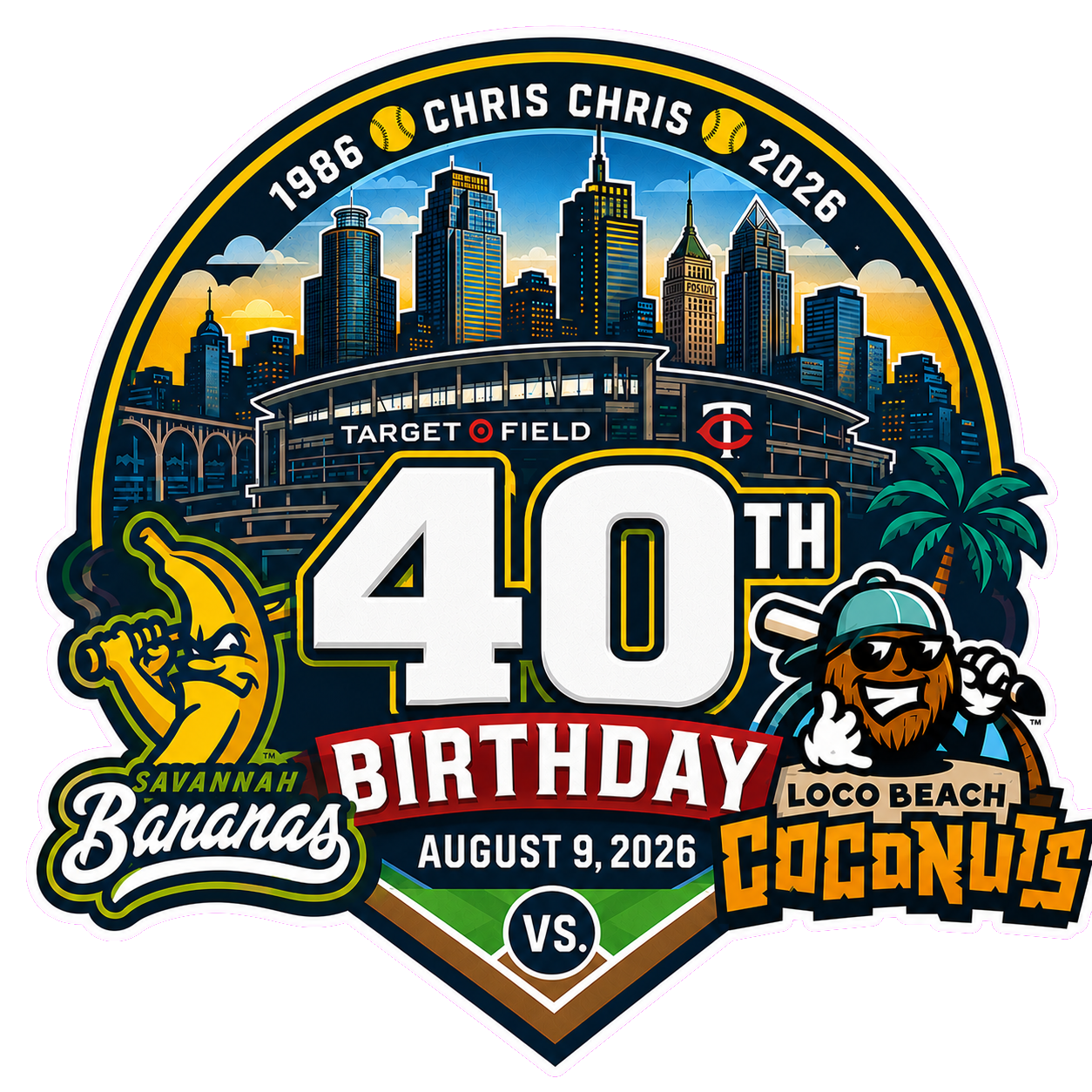 Chris' 40th birthday at Target Field on August 9, 2026